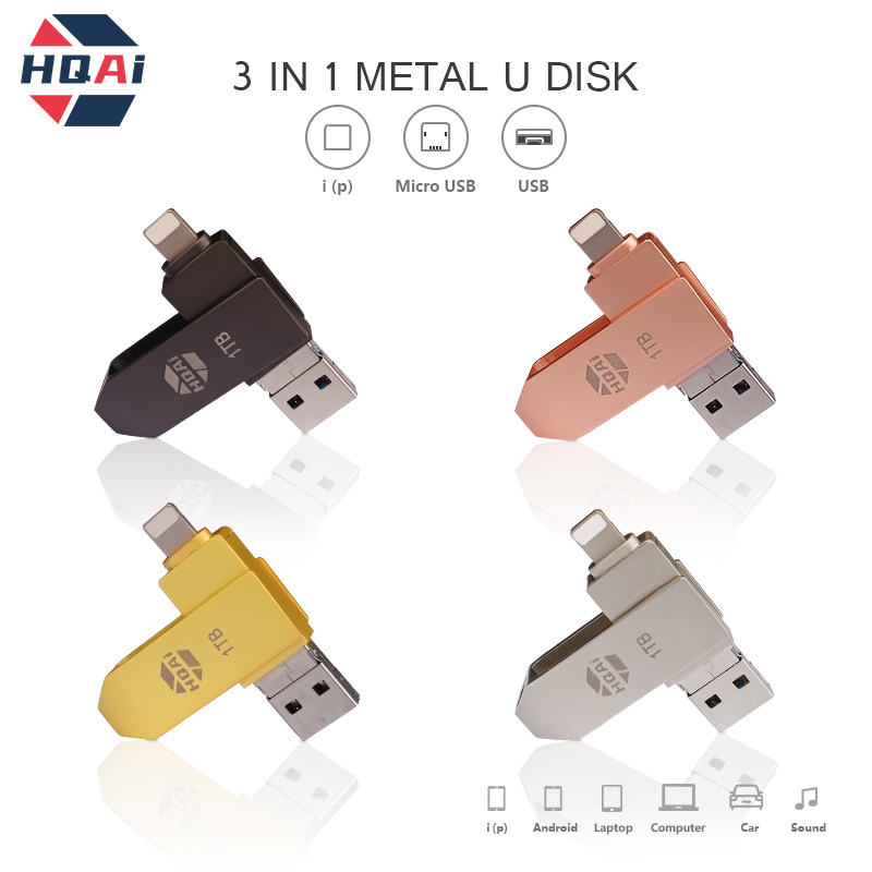 HQAi USB 3.0 Flash Drive 1TB 3 in 1 OTG U Disk Pendrive Kecepatan Tinggi Untuk iPhone / Android