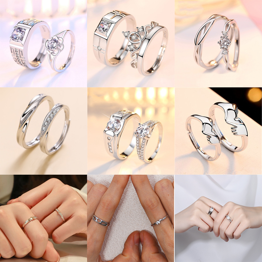 Fashion Cincin Pasangan Sederhana Mahkota Detak Jantung Bentuk Bunga Hati Salib Selamanya Pembukaan Adjustable Couple Ring