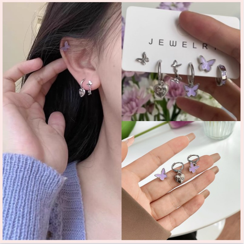 【Bayar di tempat】2023 Gaya Baru Korea 6 Pcs Set Fashion Wanita Silver Pearl Anting Kupu-kupu Hati Anting Pribadi