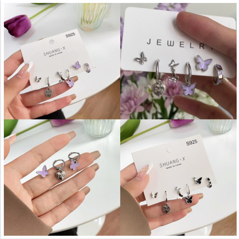 【Bayar di tempat】2023 Gaya Baru Korea 6 Pcs Set Fashion Wanita Silver Pearl Anting Kupu-kupu Hati Anting Pribadi