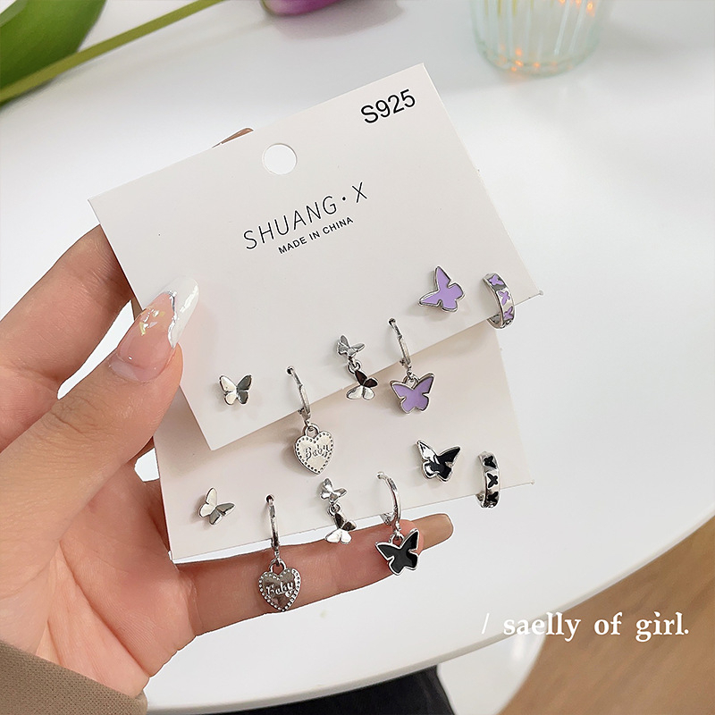 【Bayar di tempat】2023 Gaya Baru Korea 6 Pcs Set Fashion Wanita Silver Pearl Anting Kupu-kupu Hati Anting Pribadi