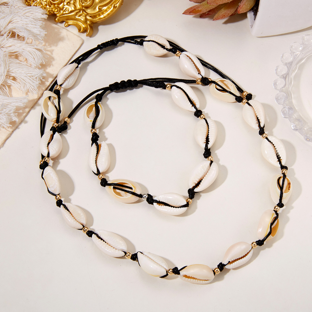 Fashion Shell Kalung Tali Lilin Tenun Tangan Adjustable Kalung Gelang Set Untuk Aksesoris Perhiasan Wanita