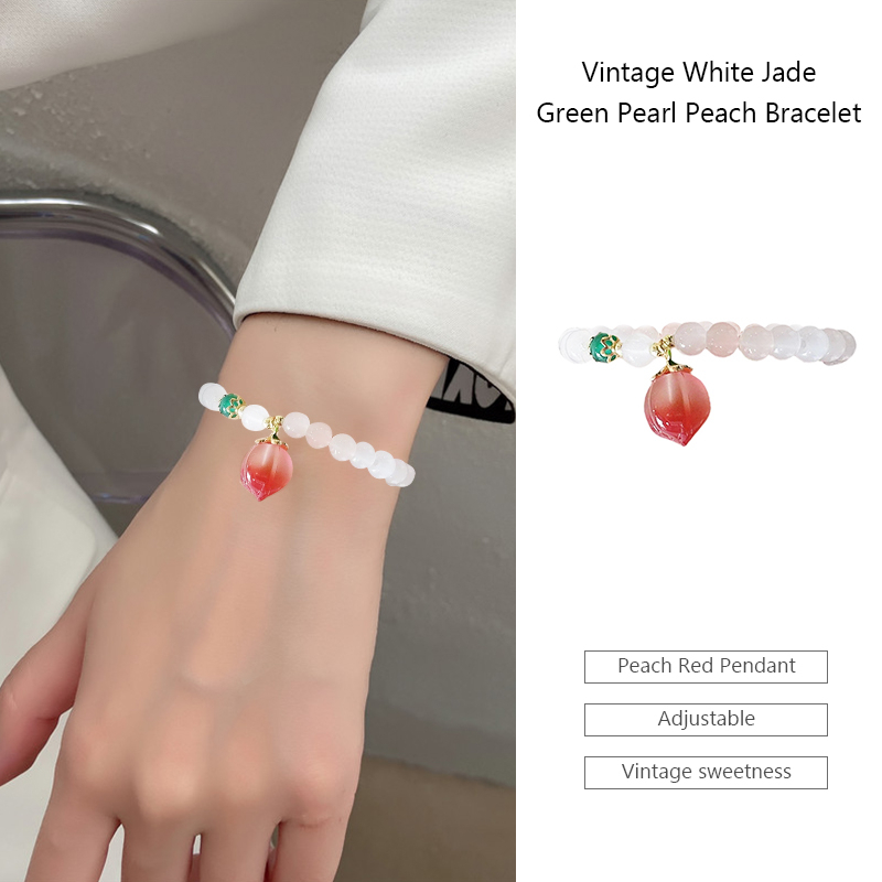 【Bayar di tempat】2023 gaya baru Gelang Pacar Manis Perempuan Peach Gelang Gaya Vintage Giok Putih Manik Hijau