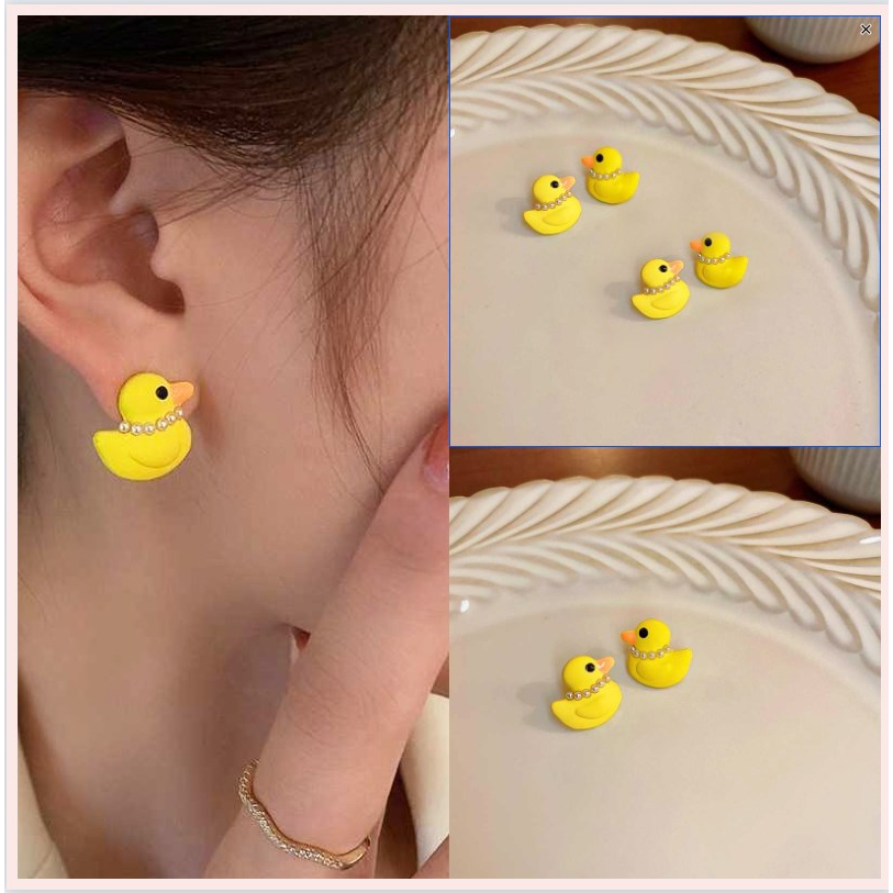 【Bayar di tempat】Kartun Gadis Lucu Anting Mutiara Kecil Kuning Bebek Telinga Studs Earrings Desain Sense