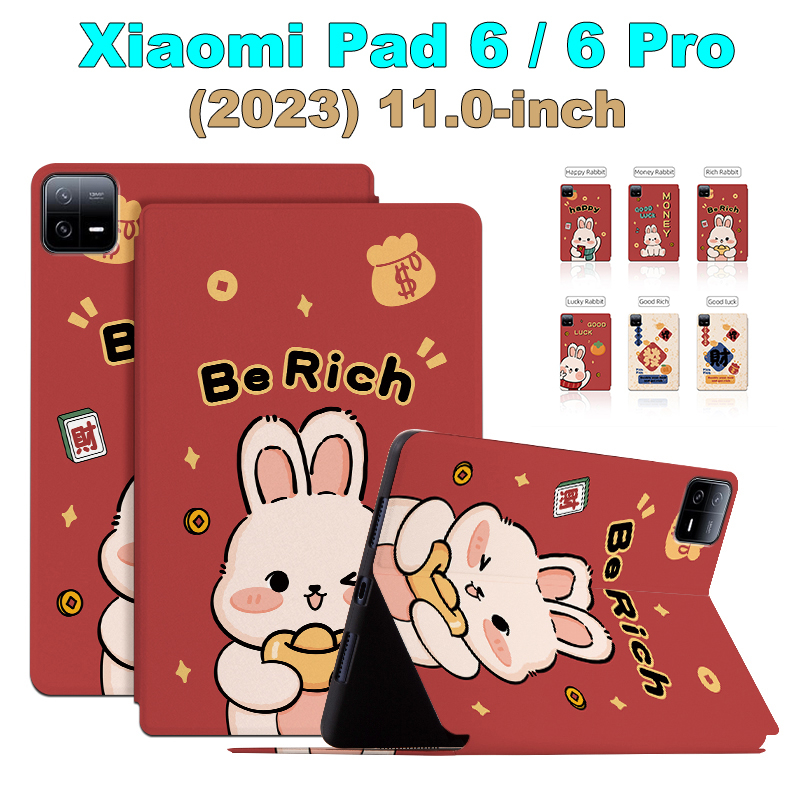 Untuk Xiaomi Pad6 (2023) 11.0 &quot;Mi Pad6 Pro Fashion Tablet Case NewYear Festival Pola Kelinci Lucu Flip Stand Casing PU Leather Cover Pelindung