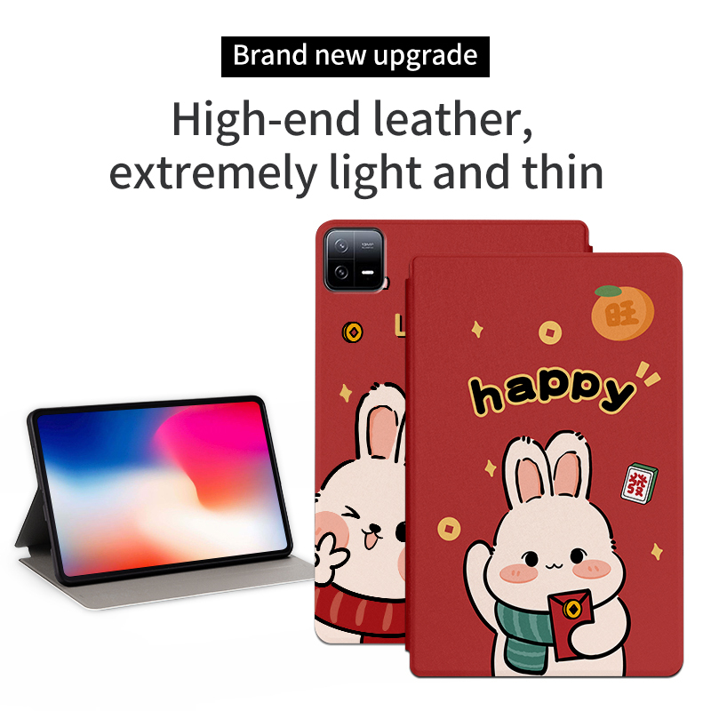 Untuk Xiaomi Pad6 (2023) 11.0 &quot;Mi Pad6 Pro Fashion Tablet Case NewYear Festival Pola Kelinci Lucu Flip Stand Casing PU Leather Cover Pelindung