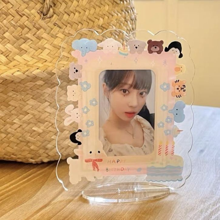 Pink Rabbit Bingkai Foto 3inch Mikko Acrylic Card Holder Idol Photocard Pelindung Case Kartun Hewan Bunga Desktop Display Frame