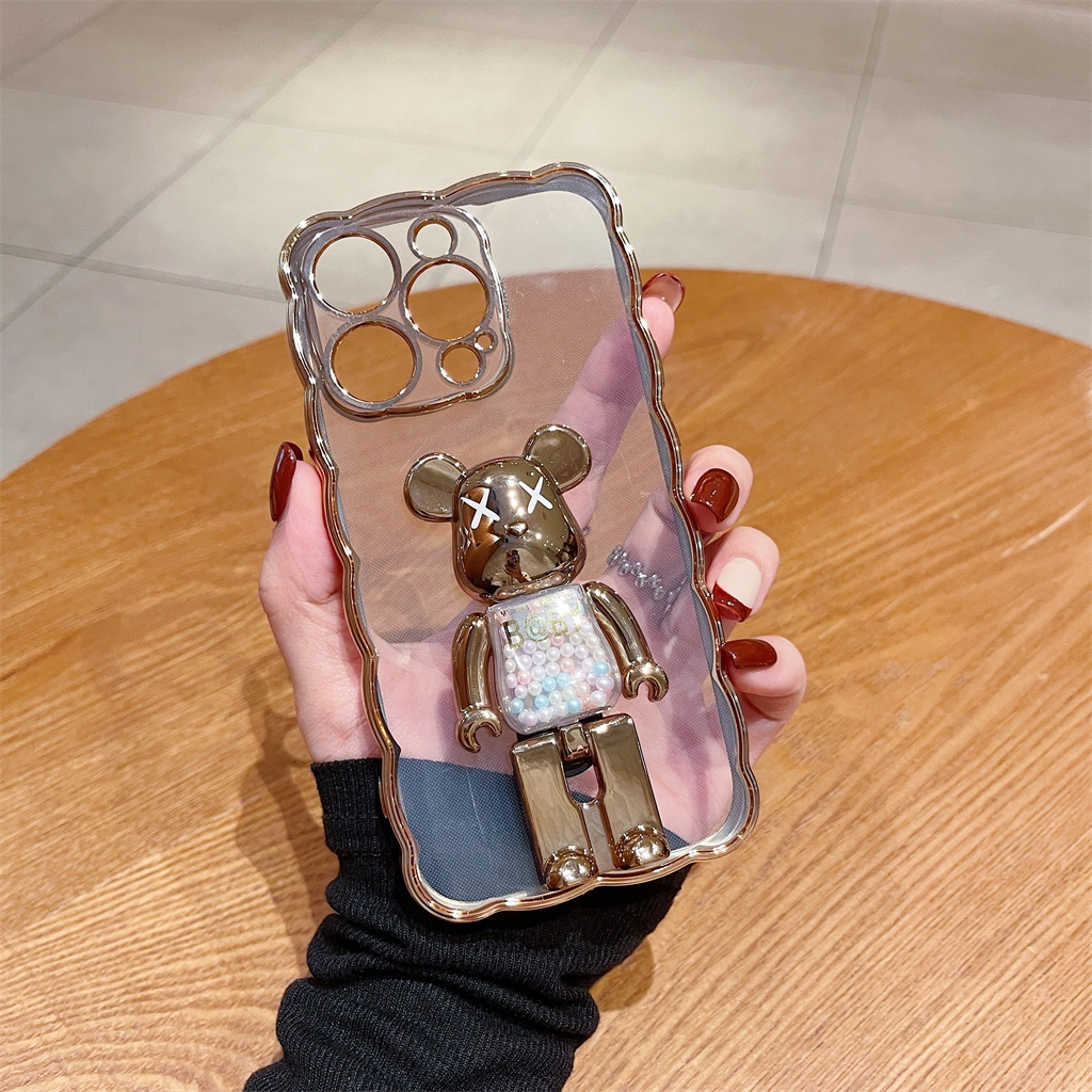 Sprei Motif Kartun Stylish360° Rotasi violent bear case iphone 14 pro Max13 12 11 pro max case14 plus Kreatif 3D stand plating Bening Perlindungan shock soft case