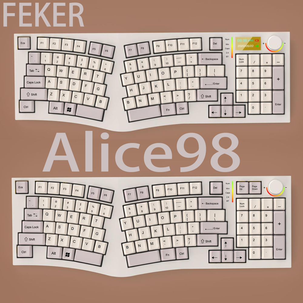 Feker Alice 98dengan Layar display VIA Ergonomics Wireless 3mode Hot Swap Keyboard Mekanik RGB South Face Light Knob Switch Keycap