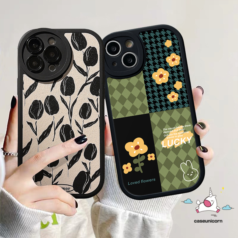 IPHONE Casing Ponsel Houndstooth Mewah Kompatibel Untuk Iphone11 12 13 14 Pro MAX XR X XS MAX 6 6s 78 Plus Motif Kotak-Kotak Bunga Retro Jahitan Lembut TPU Anti Jatuh Lensa All-inclusive Case