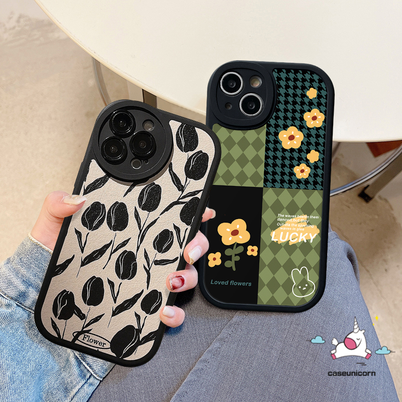 IPHONE Casing Ponsel Houndstooth Mewah Kompatibel Untuk Iphone11 12 13 14 Pro MAX XR X XS MAX 6 6s 78 Plus Motif Kotak-Kotak Bunga Retro Jahitan Lembut TPU Anti Jatuh Lensa All-inclusive Case