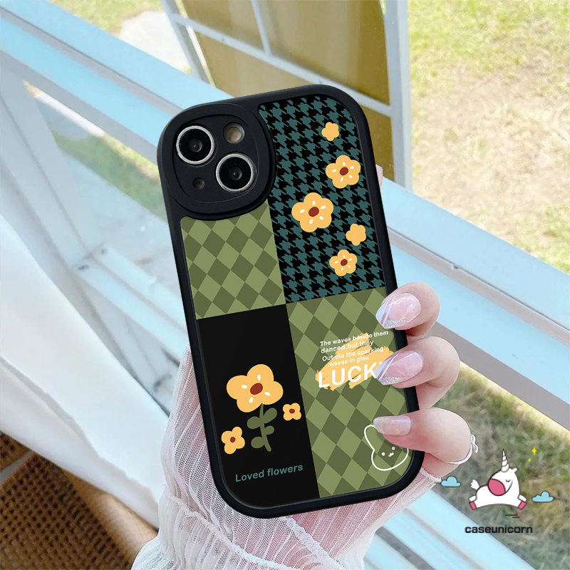 IPHONE Casing Ponsel Houndstooth Mewah Kompatibel Untuk Iphone11 12 13 14 Pro MAX XR X XS MAX 6 6s 78 Plus Motif Kotak-Kotak Bunga Retro Jahitan Lembut TPU Anti Jatuh Lensa All-inclusive Case