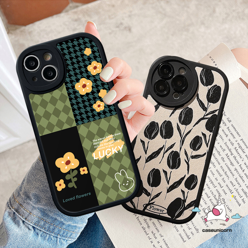 IPHONE Casing Ponsel Houndstooth Mewah Kompatibel Untuk Iphone11 12 13 14 Pro MAX XR X XS MAX 6 6s 78 Plus Motif Kotak-Kotak Bunga Retro Jahitan Lembut TPU Anti Jatuh Lensa All-inclusive Case