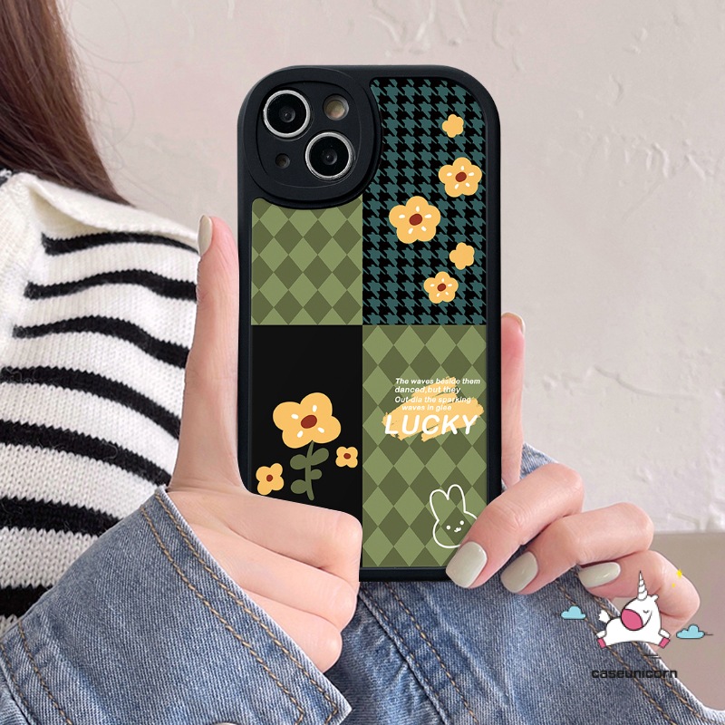 IPHONE Casing Ponsel Houndstooth Mewah Kompatibel Untuk Iphone11 12 13 14 Pro MAX XR X XS MAX 6 6s 78 Plus Motif Kotak-Kotak Bunga Retro Jahitan Lembut TPU Anti Jatuh Lensa All-inclusive Case