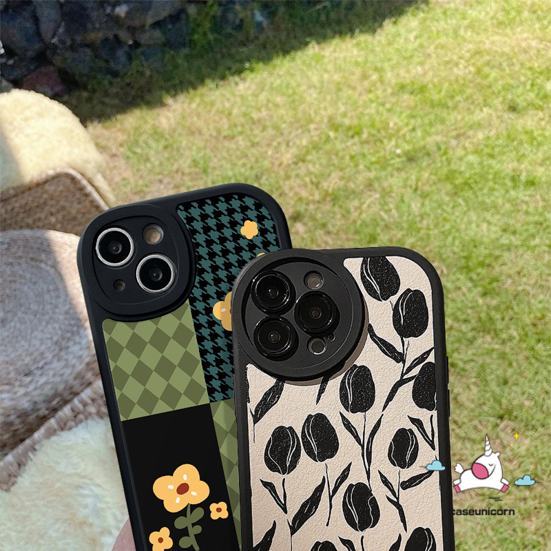 IPHONE Casing Ponsel Houndstooth Mewah Kompatibel Untuk Iphone11 12 13 14 Pro MAX XR X XS MAX 6 6s 78 Plus Motif Kotak-Kotak Bunga Retro Jahitan Lembut TPU Anti Jatuh Lensa All-inclusive Case