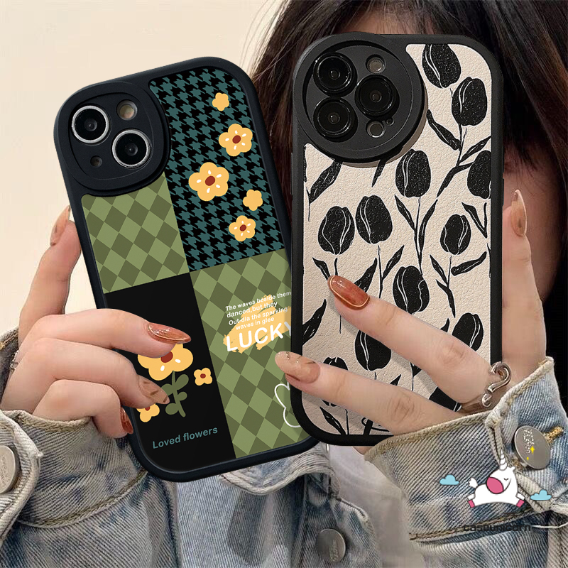 IPHONE Casing Ponsel Houndstooth Mewah Kompatibel Untuk Iphone11 12 13 14 Pro MAX XR X XS MAX 6 6s 78 Plus Motif Kotak-Kotak Bunga Retro Jahitan Lembut TPU Anti Jatuh Lensa All-inclusive Case