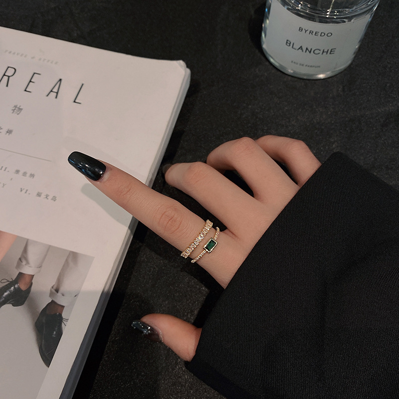 Cincin Jari Telunjuk Terbuka Fashion Zircon Hijau Untuk Perhiasan Tangan Wanita