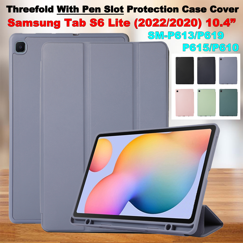 Untuk Samsung Galaxy Tab S6 Lite 2022 2020 10.4 &quot;SM-P613 SM-P619 SM-P615 SM-P610 P610N Fashion Warna Solid Flip Stand Tablet Cover Tiga Lipat Slot Pulpen Soft TPU Pelindung Case