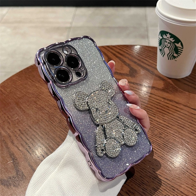 3d Berlian Violent Bear Berkedip Shockproof Shine Untuk IPhone 14 Pro Max Plus Case12 13 Pro Max Perlindungan Kamera Sepenuhnya Tertutup TPU Perlindungan Bening Soft Case