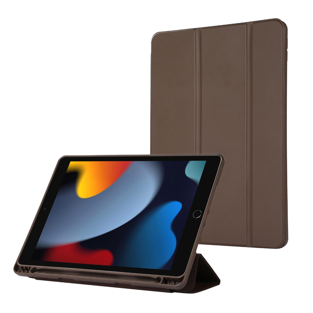 Untuk iPad 10.2 (2021 /2020/2019) iPad 10.2-inci 9th 8th 7th Generasi A2603 A2604 A2428 Fashion Warna Solid Flip Stand Tablet Cover Tiga Lipat Slot Pulpen Soft TPU Pelindung Case