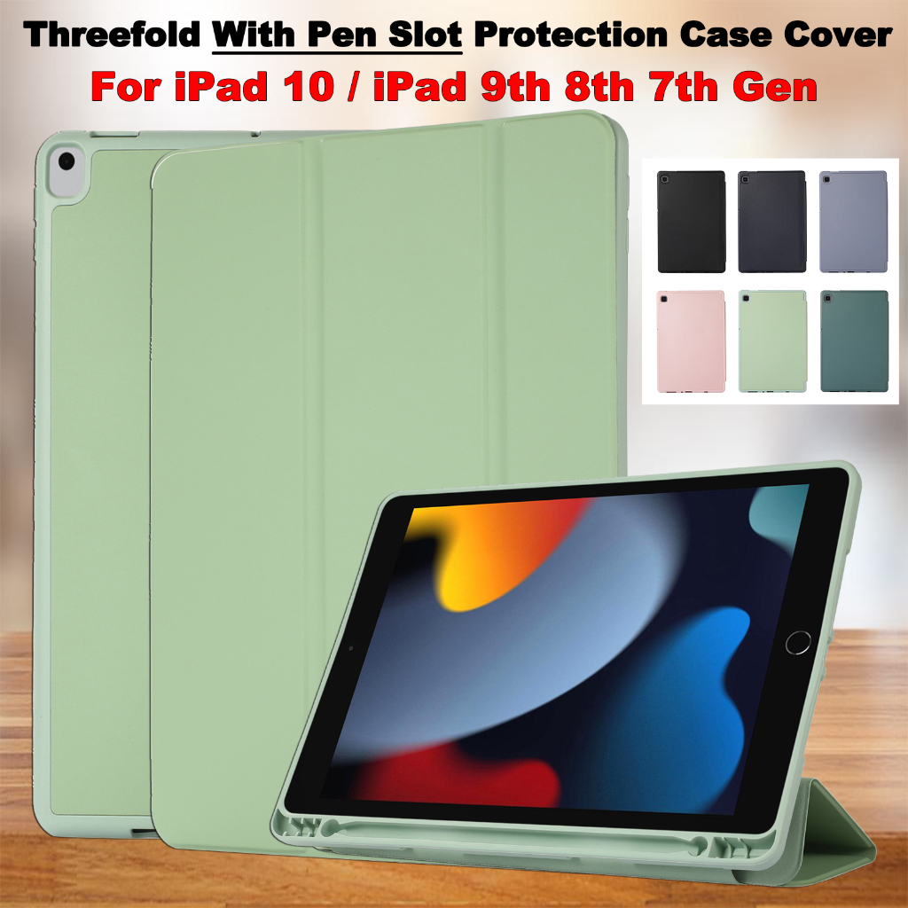 Untuk iPad 10.2 (2021 /2020/2019) iPad 10.2-inci 9th 8th 7th Generasi A2603 A2604 A2428 Fashion Warna Solid Flip Stand Tablet Cover Tiga Lipat Slot Pulpen Soft TPU Pelindung Case