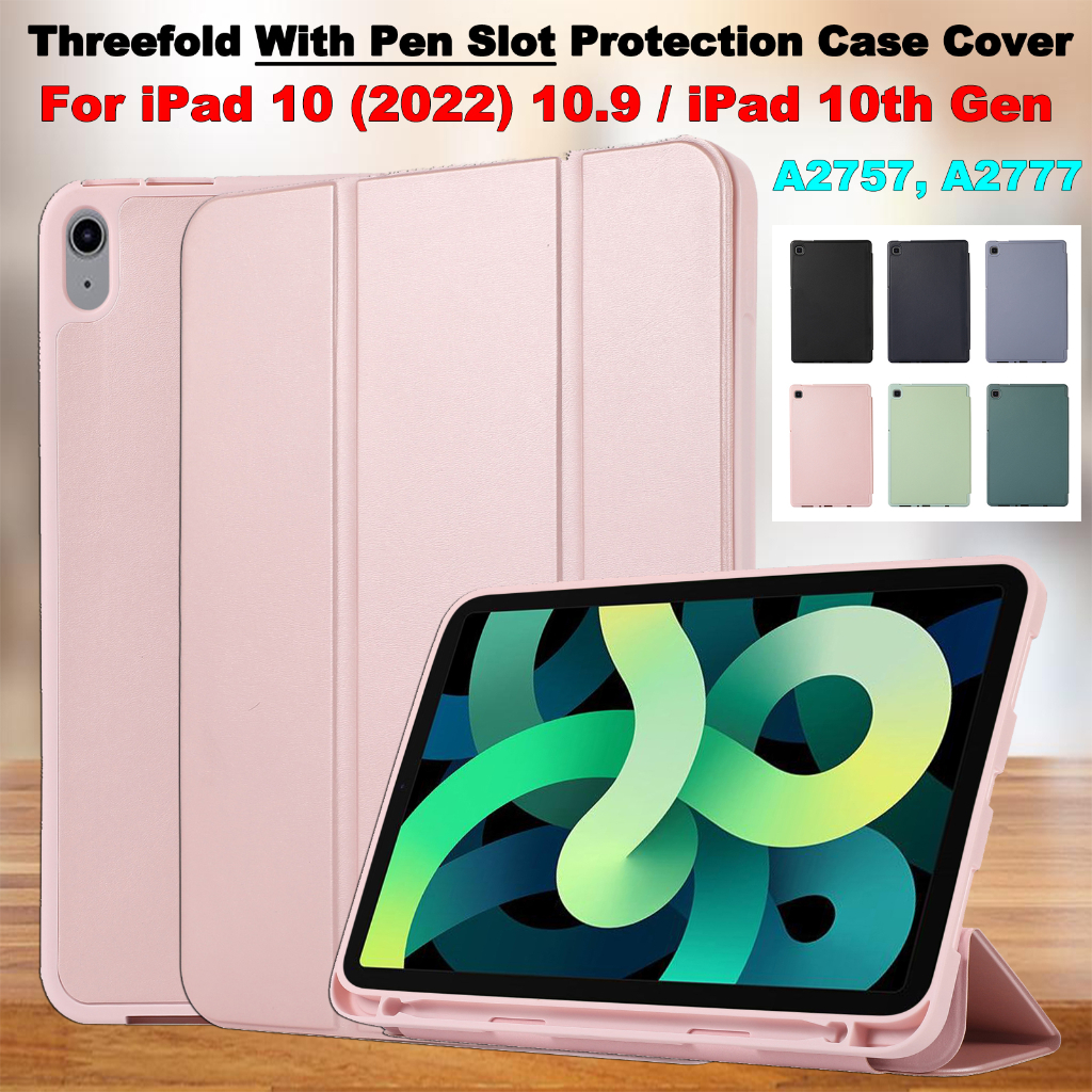 Untuk Ipad10 (2022) 10.9 &quot;iPad 10th Gen 10.9-inci A2757 A2777 Fashion Warna Solid Flip Stand Tablet Cover Tiga Lipat Slot Pulpen Lembut TPU Pelindung Case