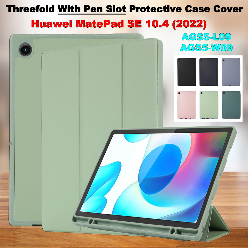 Untuk Huawei MatePad SE 10.4 (2022) AGS5-L09 AGS5-W09 Mate Pad SE 10.4-inci Casing Fashion Warna Solid Flip Stand Tablet Cover Tiga Lipat Slot Pulpen Soft TPU Casing Pelindung SE SE