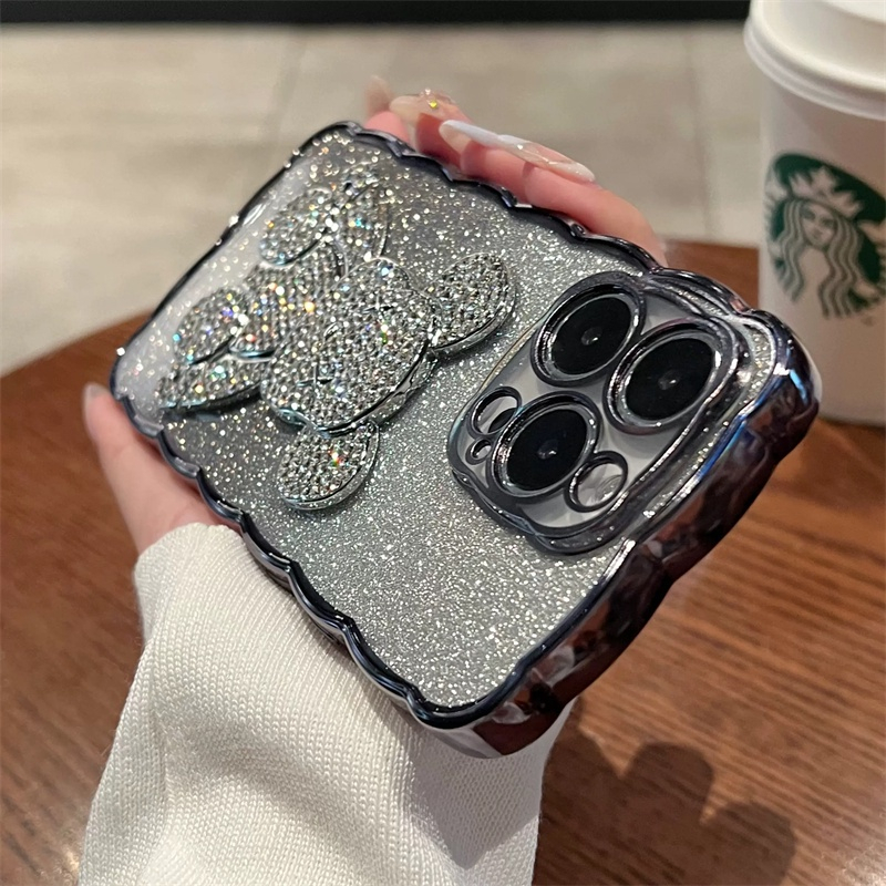 3d Berlian Violent Bear Berkedip Shockproof Shine Untuk IPhone 14 Pro Max Plus Case12 13 Pro Max Perlindungan Kamera Sepenuhnya Tertutup TPU Perlindungan Bening Soft Case