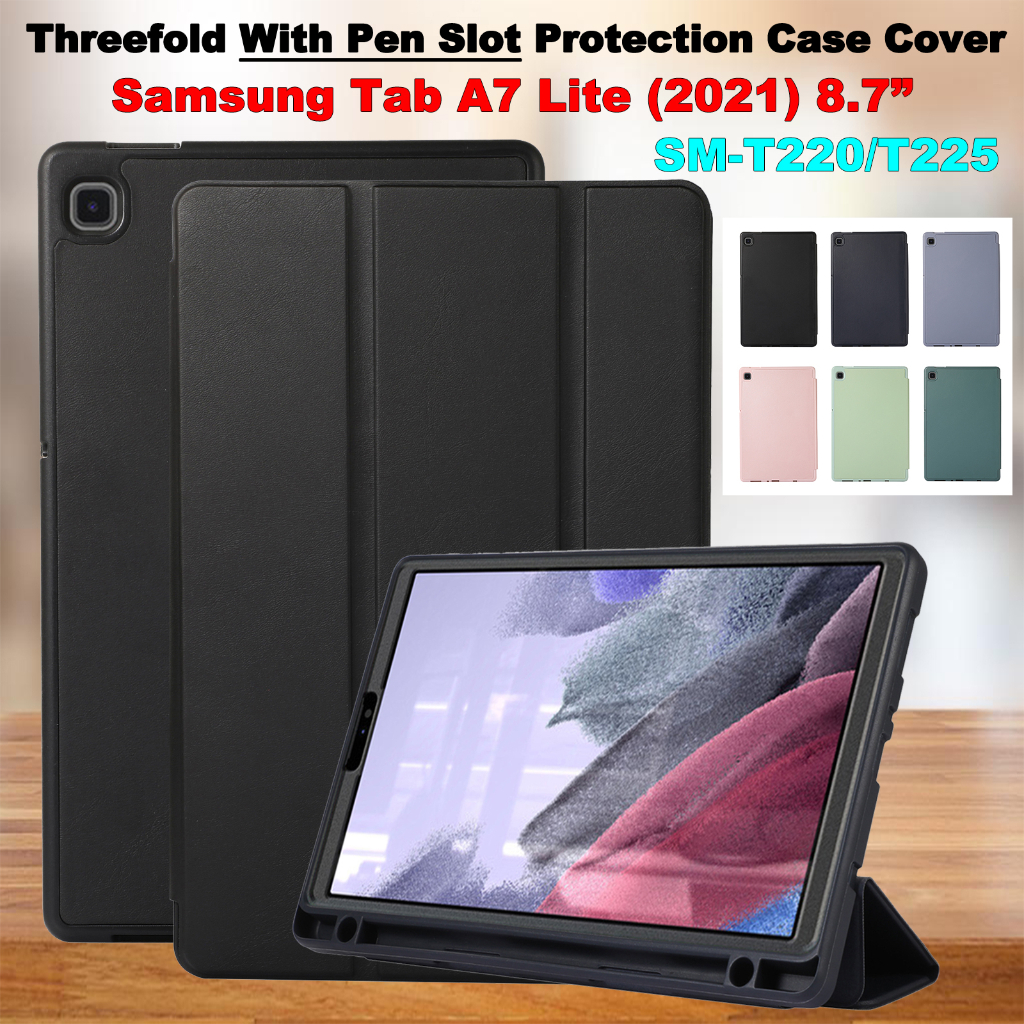 Untuk Samsung Galaxy Tab A7 Lite 8.7 &quot;2021 SM-T225 SM-T220 T220 T225 Fashion Warna Solid Flip Stand Tablet Cover Tiga Lipat Slot Pulpen Lembut TPU Case Pelindung