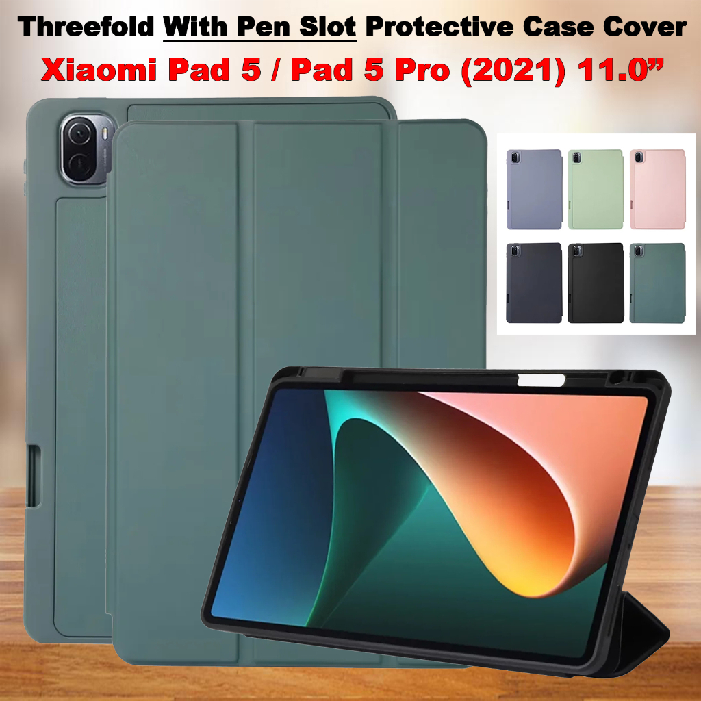 Untuk Xiaomi Pad5 Pro 5G (2021) 11.0 &quot;Mi Pad5 21051182G Fashion Warna Solid Flip Stand Tablet Cover Tiga Lipat Pen Slot Lembut TPU Pelindung Case