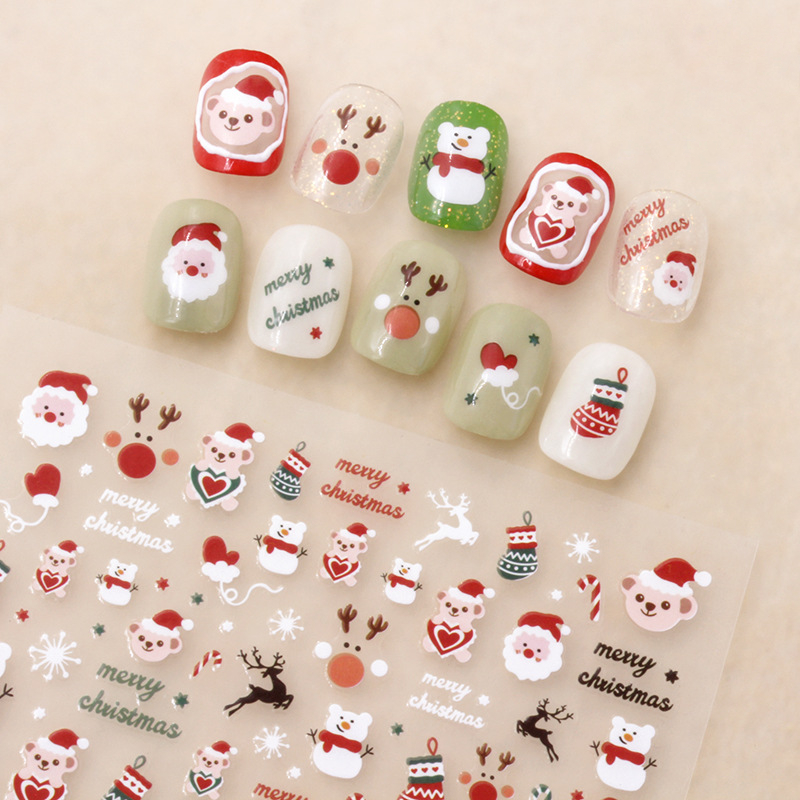 Stiker Manicure 3D Stiker Manikur Motif Hewan Lucu Stiker Santa Claus