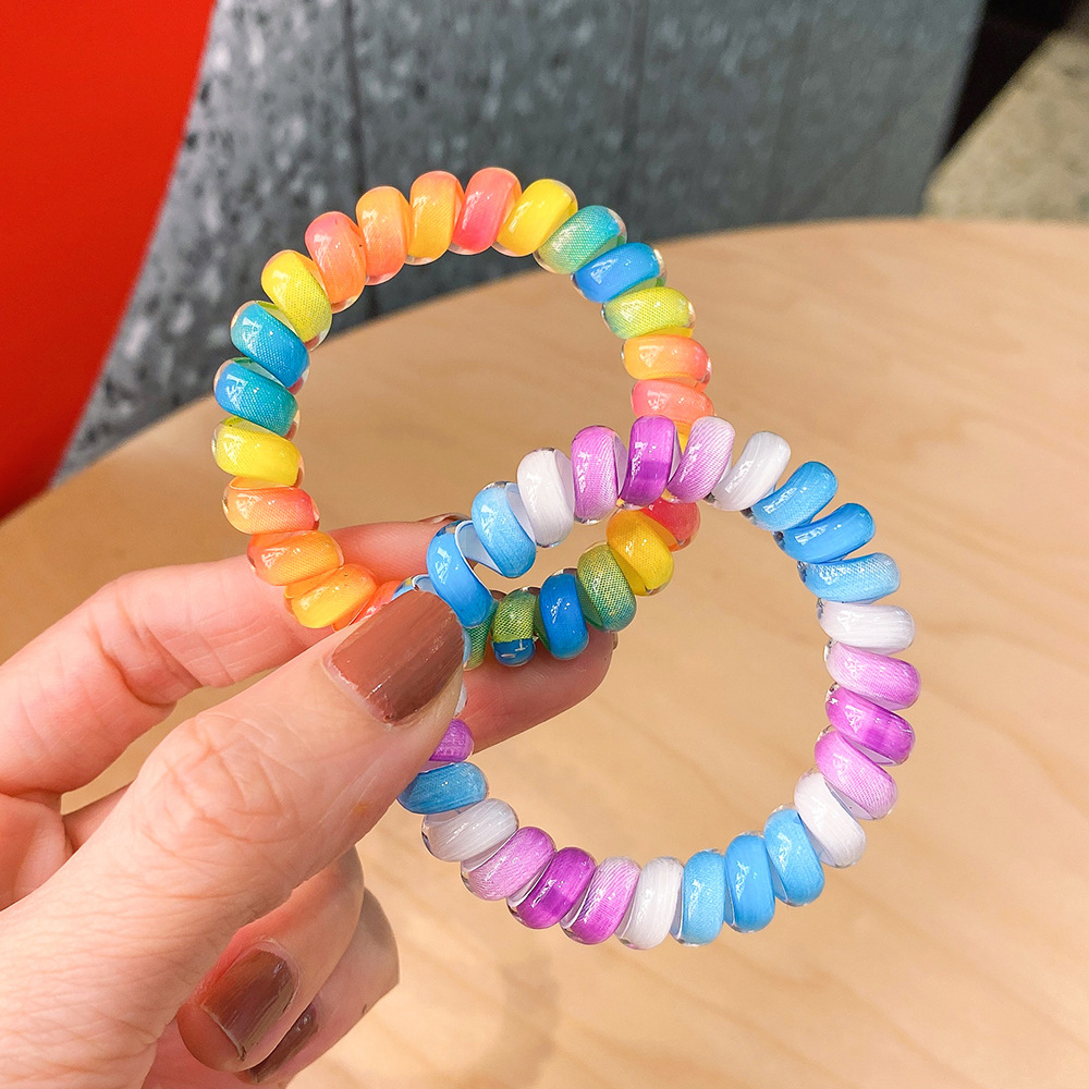 Cincin Telepon Warna-Warni Tanpa Jejak Headband Ikat Rambut Rainbow Kabel Telepon Hiasan Kepala