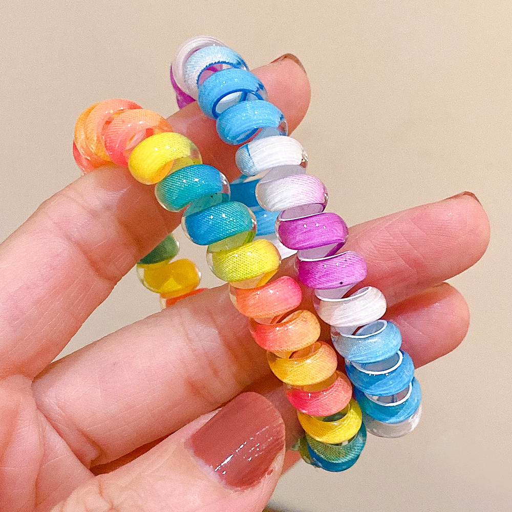 Cincin Telepon Warna-Warni Tanpa Jejak Headband Ikat Rambut Rainbow Kabel Telepon Hiasan Kepala