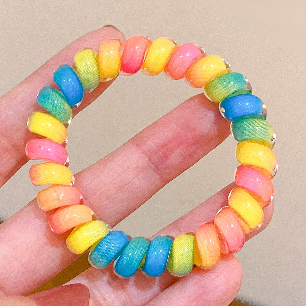 Cincin Telepon Warna-Warni Tanpa Jejak Headband Ikat Rambut Rainbow Kabel Telepon Hiasan Kepala