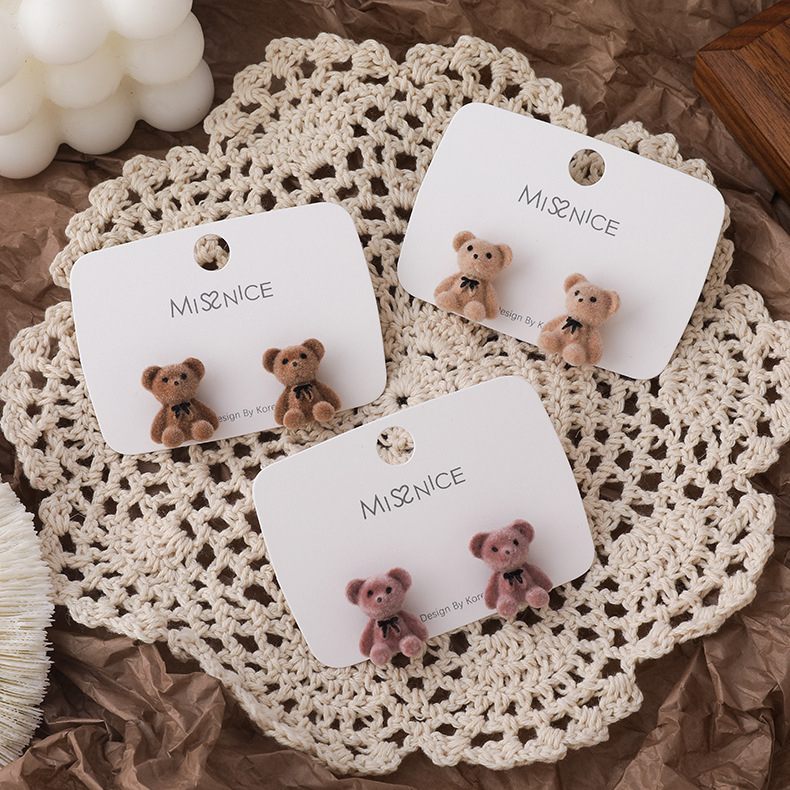 XiaoboACC Flocking Bow Cartoon Bear Earrings