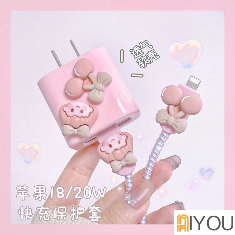 Case Pelindung Kabel Charger Motif Cherry Dan Girl Untuk iphone 18 20W 11 12 13pro Max 14 pro max 14 plus