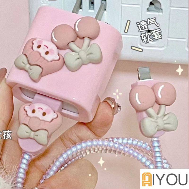 Case Pelindung Kabel Charger Motif Cherry Dan Girl Untuk iphone 18 20W 11 12 13pro Max 14 pro max 14 plus