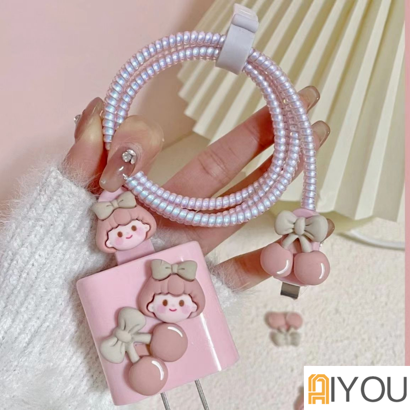 Case Pelindung Kabel Charger Motif Cherry Dan Girl Untuk iphone 18 20W 11 12 13pro Max 14 pro max 14 plus