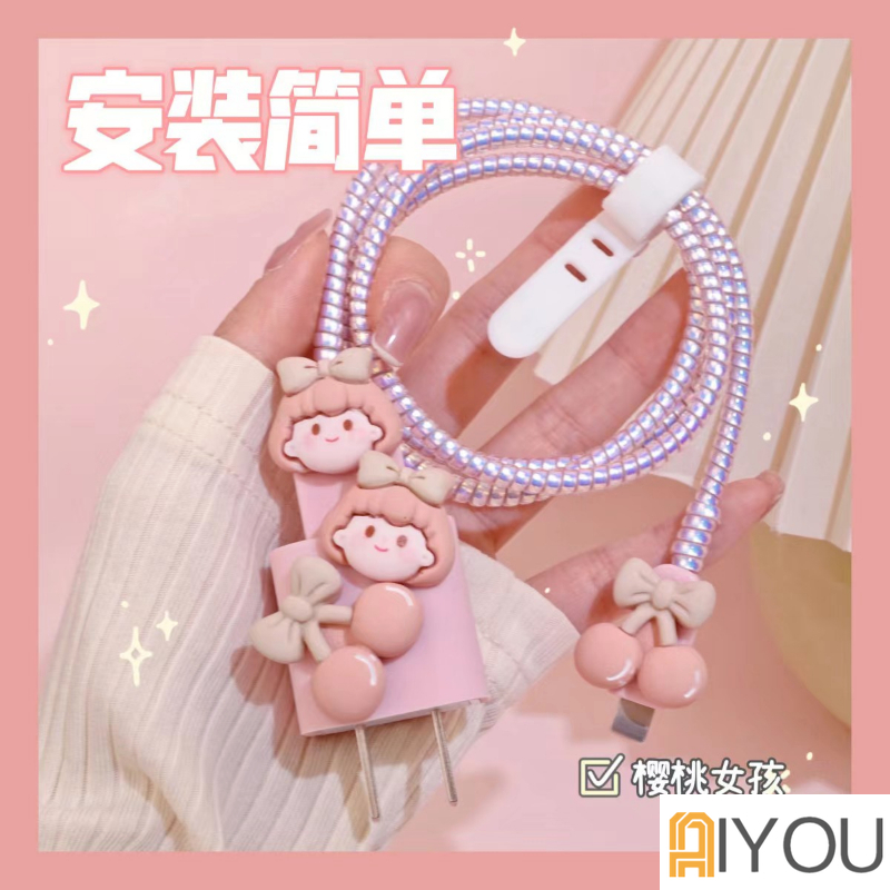Case Pelindung Kabel Charger Motif Cherry Dan Girl Untuk iphone 18 20W 11 12 13pro Max 14 pro max 14 plus