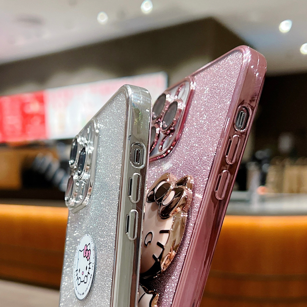 Mewah Glitter Hello Kitty Kamera Perlindungan Lensa Case IPhone 14 Pro Max Plus Case IPhone 12 13 Pro Max 11 Pro Max Case Dengan Stand Lucu Kartun Cermin Perlindungan Shock Soft Case