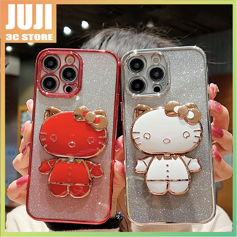 Casing Stand Kucing Hello Kitty 3D Untuk iPhone 14 Pro Max Case Iphone13 12 11 Pro Max14 Plus Ungu Aesthetic Mewah Premium Sepenuhnya Tertutup Perlindungan Shockproof Soft Case