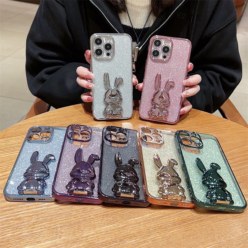 IPHONE Mewah Cermin Kelinci Kamera Perlindungan Lensa Case Iphone14 12 13 7 8 X XR XMAX Pro Max 11 Pro Max Case Dengan Stand Lucu Kartun Mirror Shock Protection TPU Soft Back Cover