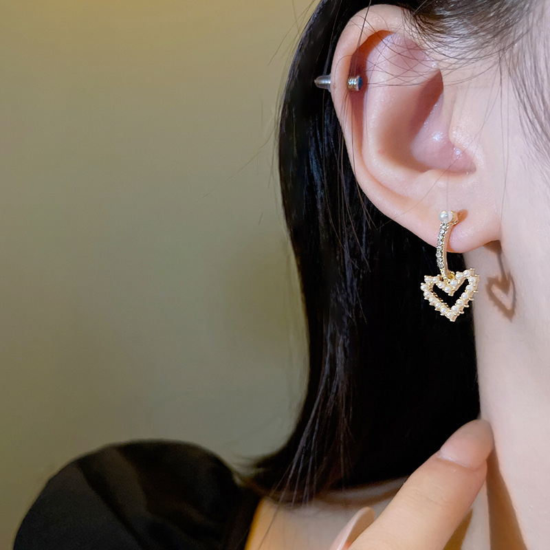 Mode Baru925 Perak Jarum Mewah Hati Anting Mutiara Untuk Wanita Zirkon Anting