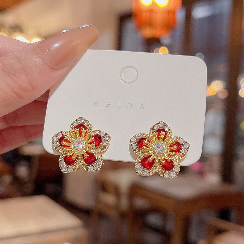 925jarum Perak Indah Berlian Merah Bunga Padi Manik Anting Zirkon Telinga Studs