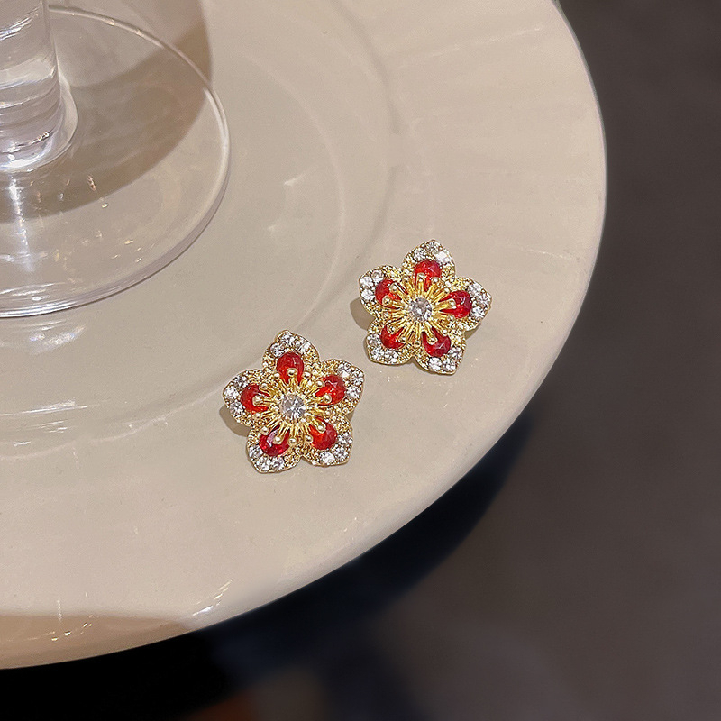 925jarum Perak Indah Berlian Merah Bunga Padi Manik Anting Zirkon Telinga Studs