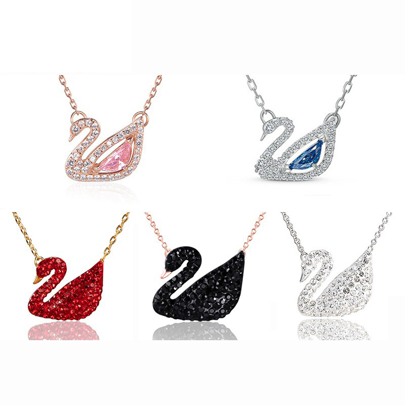 XiaoboACC Korean Fashion Pink Swan Necklace Female Diamond Crystal Pendant Titanium Steel Non-fading Clavicle Chain