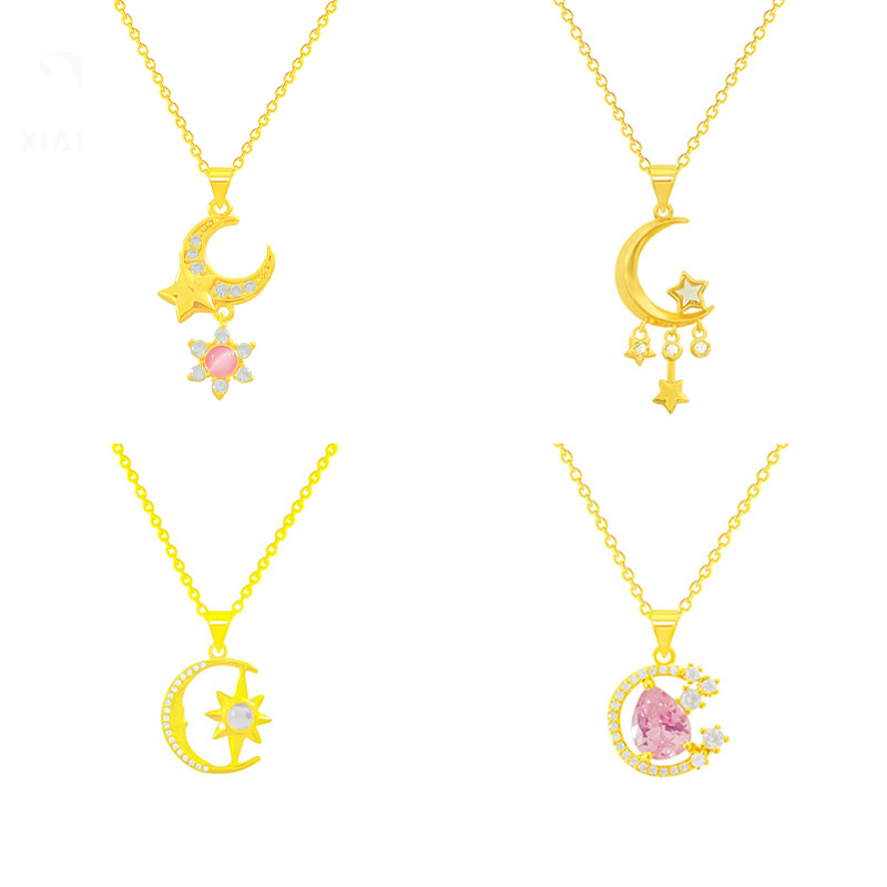 XiaoboACC Kalung Rantai Klavikula Bahan Titanium Steel Lapis Emas 18K Dengan Liontin Planet Opal Ukuran Untuk Wanita - 38CM + 6CM