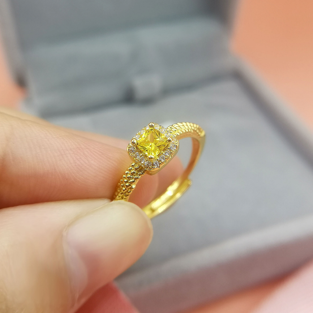 [ACKER] Cincin Emas 18K Citrine Yellow Cubic Zirconia Titanium Stainless Diamond AAA+Zircon Untuk Wanita