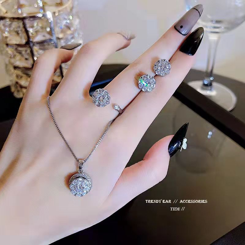 [ACKER] Set Kalung Anting Cincin Perak925 Cubic Zirconia Titanium Anti Karat AAA+Zircon Snowflake Untuk Wanita