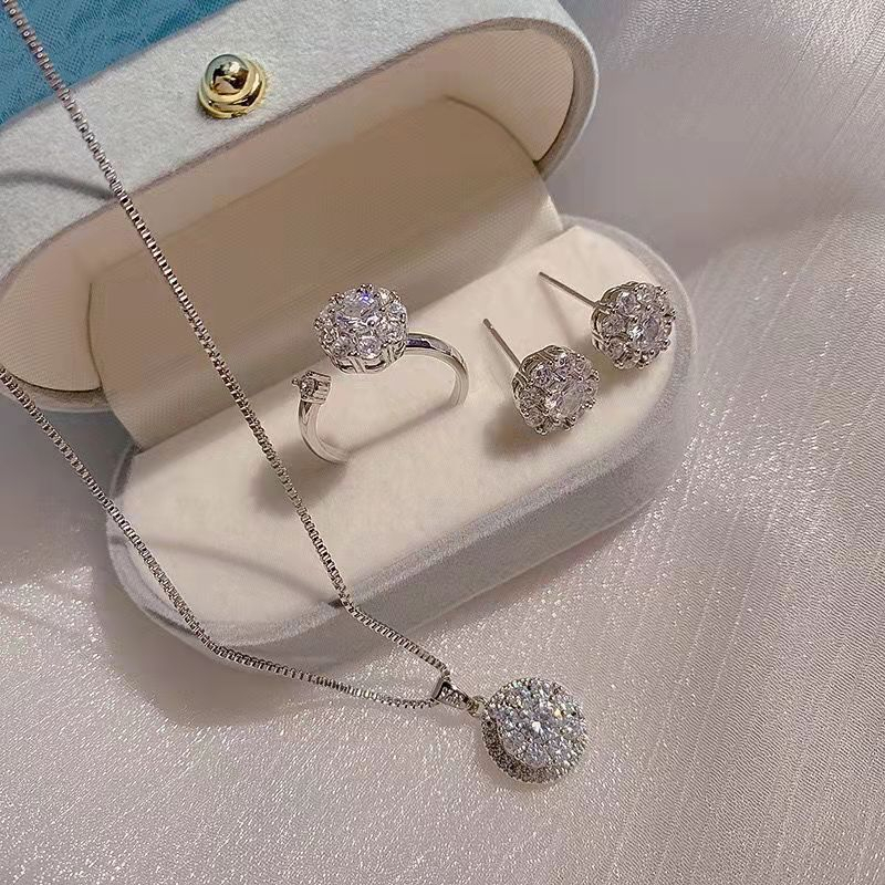 [ACKER] Set Kalung Anting Cincin Perak925 Cubic Zirconia Titanium Anti Karat AAA+Zircon Snowflake Untuk Wanita